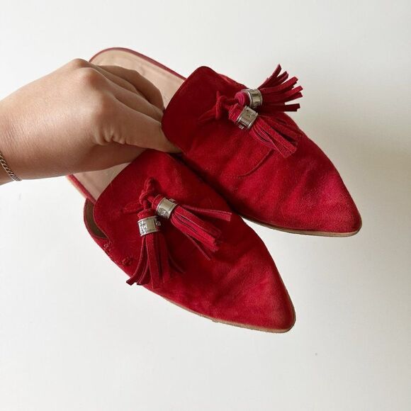 Stuart Weitzman Slidealong Tassel Pointed Toe Mule in Red Suede Women's 6 - Picture 4 of 9